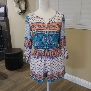 Roxy Romper XS 3/4 Sleeve Tie Waist Boho Beach